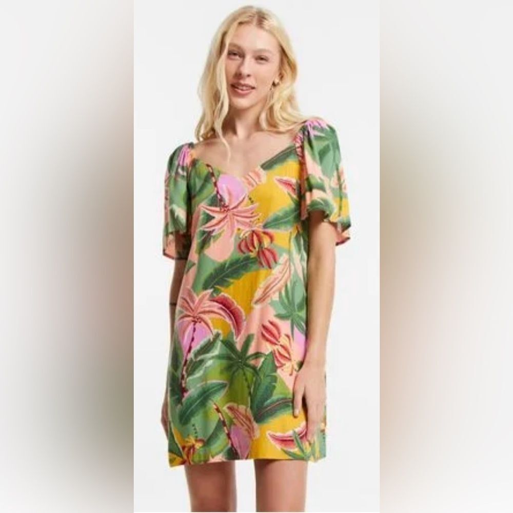 Blue steel Floral Green and Pink linen mini Dress, S